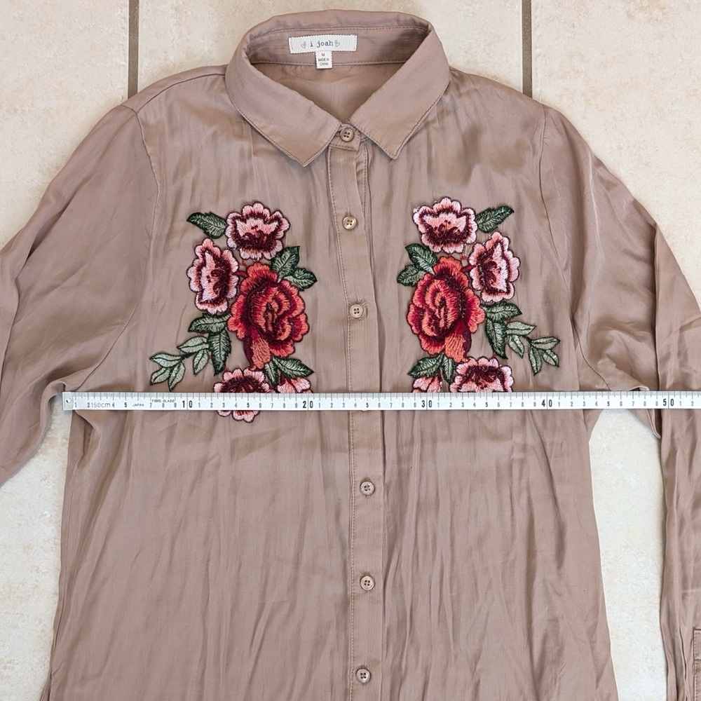 Size M I Joah Tan Embroidered Floral Rose Collared Shirt Dress Bohemian Western - Picture 7 of 16